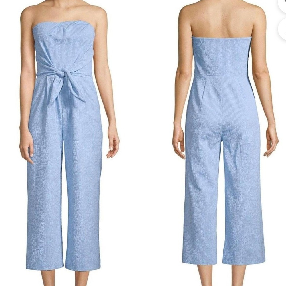 Vineyard Vines Blue Seersucker Strapless Tie Front Wide Leg Jumpsuit 2 Coastal